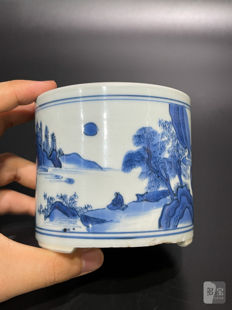 明崇祯 青花山水人物纹琴炉 - 图7